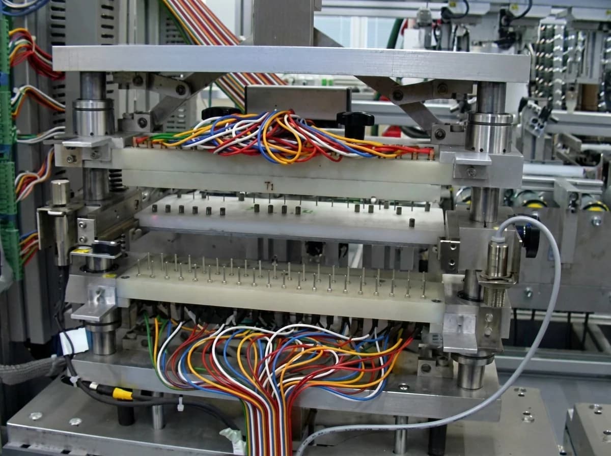 Detail kabelového uzlu — precizní elektroinstalace robotizovaného pracoviště